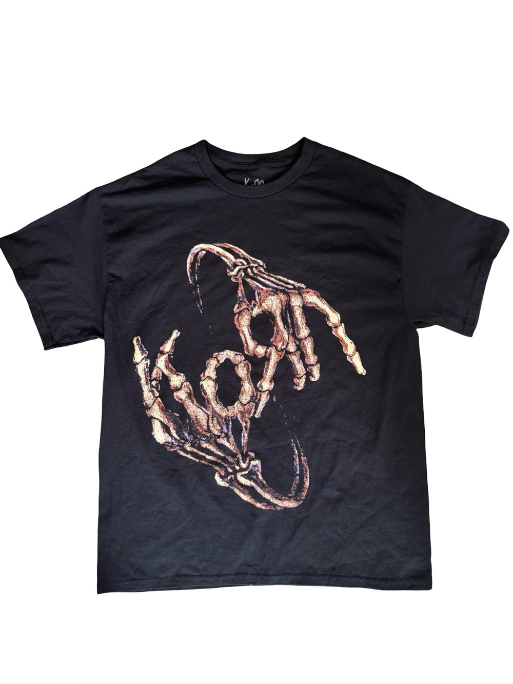 Korn Men's Black Short-Sleeve Graphic Tee with Skeletal Hands Artwork Large